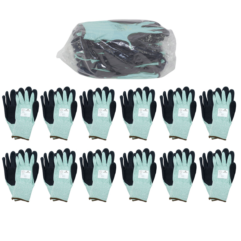 12 Pack Cut Gloves Large Green HDPE Liner Black Micro Foam Nitrile Palm Coating