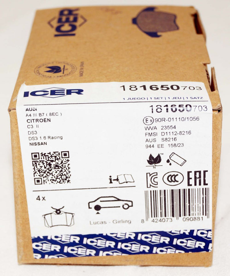 ICER 181650-703 Rear Brake Pad Set fits Audi 8E0698451L