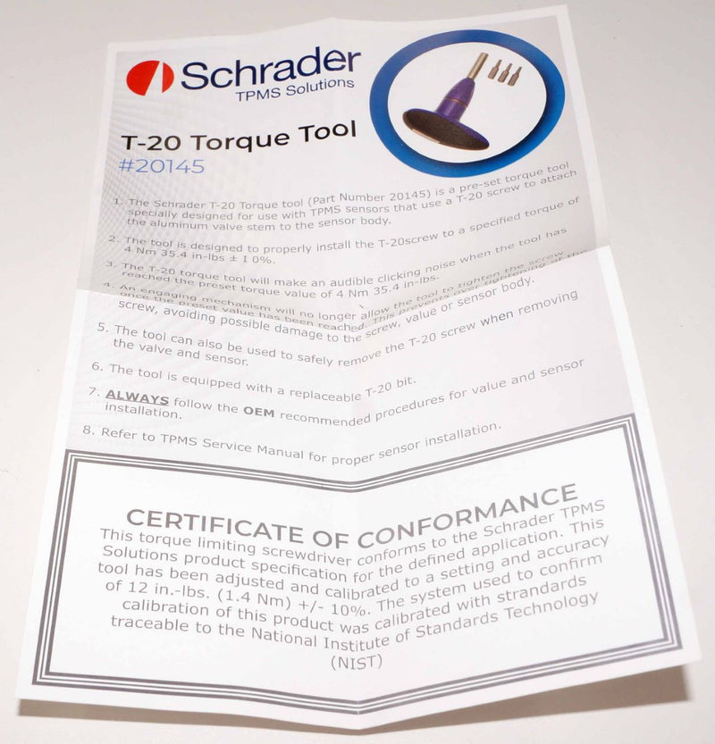 Schrader 20145 TPMS Tool T-20 Torque Tool