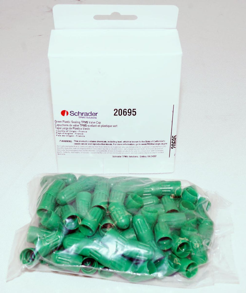 Schrader 20695 TPMS Plastic Green Sealing Snap-In Valve Cap - 100 Pack