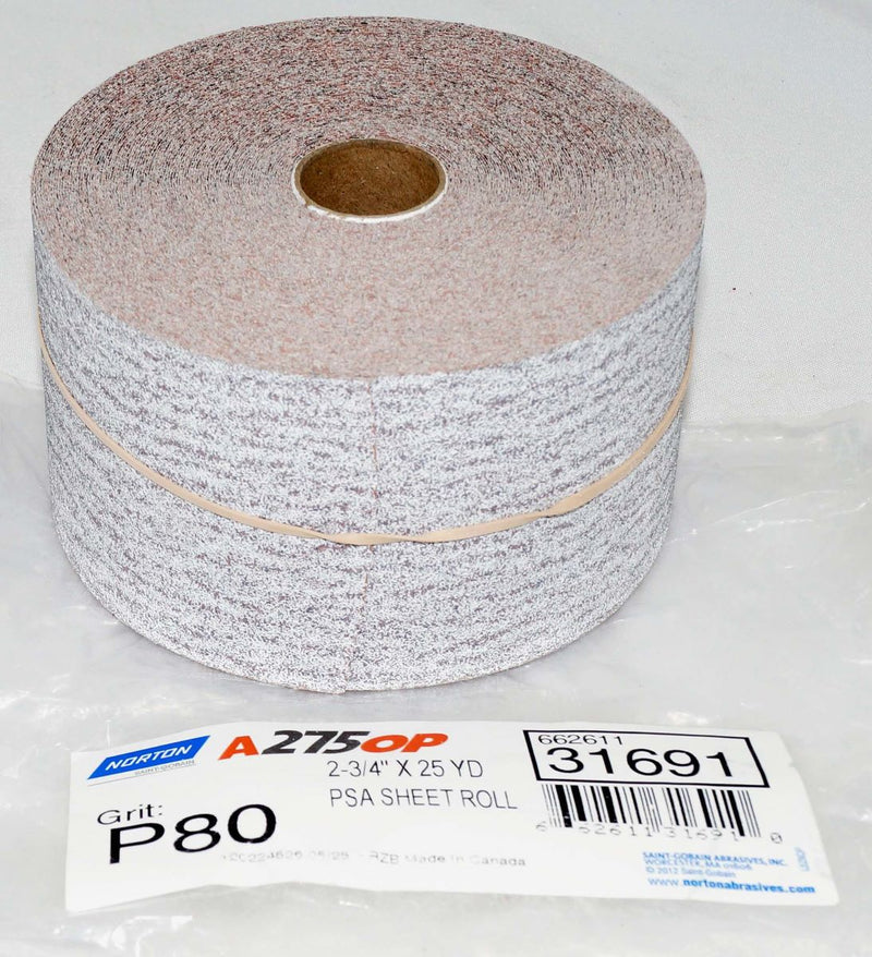 Norton 2.75" x 25 Yd. A275OP PSA No-Fil Paper Roll P80 Grit A275 - 31691