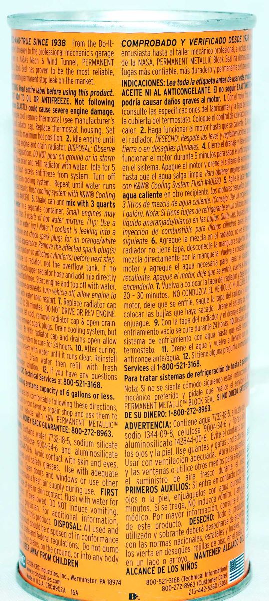 CRC 401016 K&W Permanent Metallic Block Seal Head Gasket Repair 16 Wt Oz