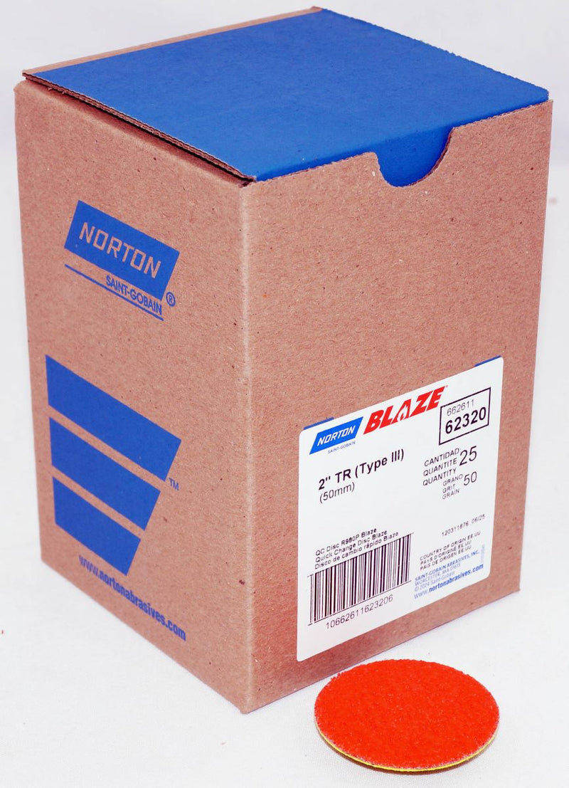 Norton 25 Discs - 2" Norton Blaze R980P 50 Grit - Coarse Cloth QC Discs - 62320