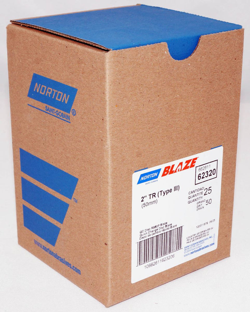 Norton 25 Discs - 2" Norton Blaze R980P 50 Grit - Coarse Cloth QC Discs - 62320