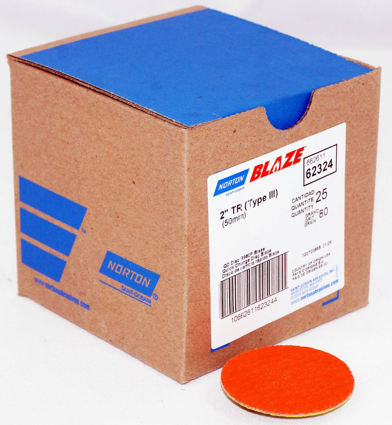Norton 25 Discs - 2" Norton Blaze Cloth QC Disc TR (Type III) 80 Grit R980P - 62324