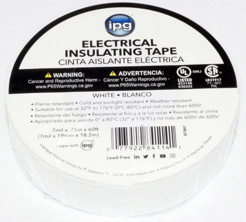 IPG American White Electrical Insulating Tape 3/4" x 60' UL CSA 85828