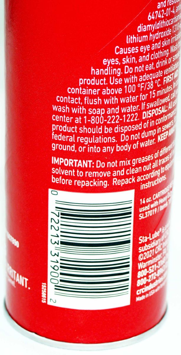 CRC SL3190 STA-LUBE Sta-Plex Extreme Pressure Premium Red Grease Cartridge 14 oz