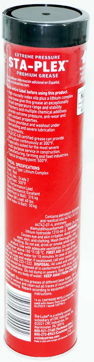 CRC SL3190 STA-LUBE Sta-Plex Extreme Pressure Premium Red Grease Cartridge 14 oz
